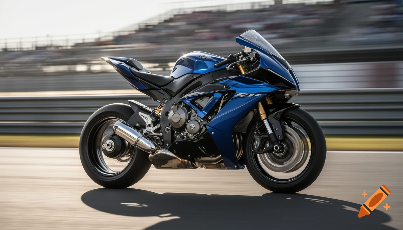 A photorealistic blue sport motorcycle moving rapidly on a racetrack with a blurred background.