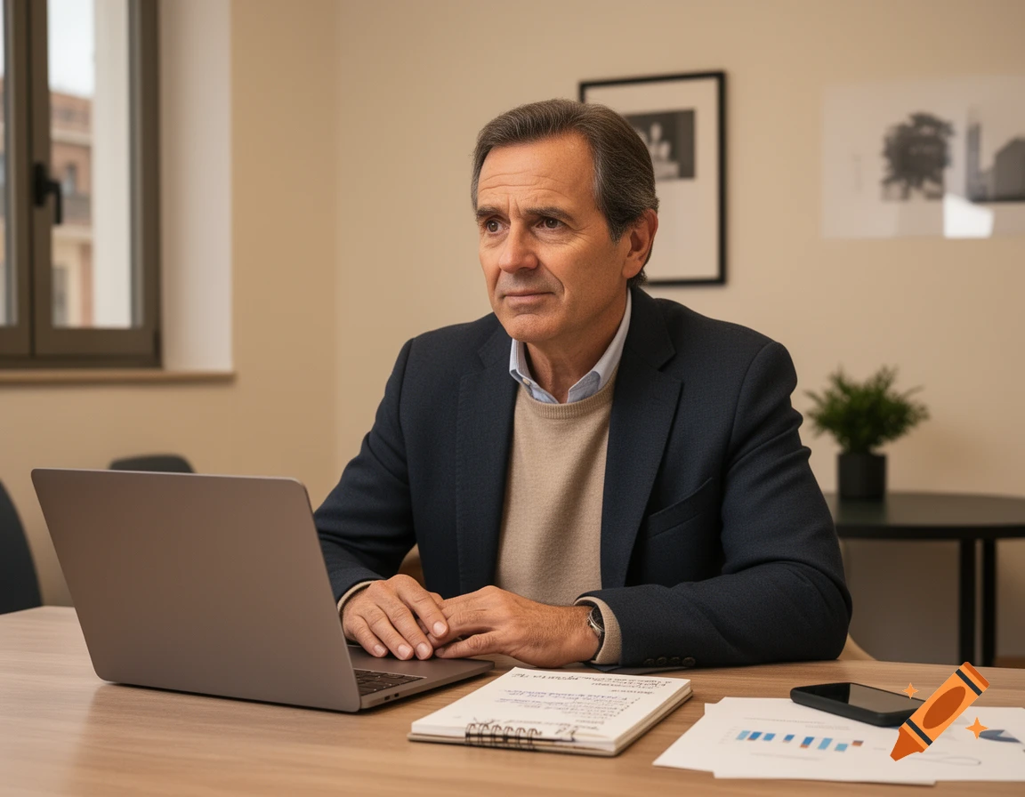 A middle-aged man in business casual attire sits at a desk with a laptop and papers, looking thoughtfully to the side in an office setting.