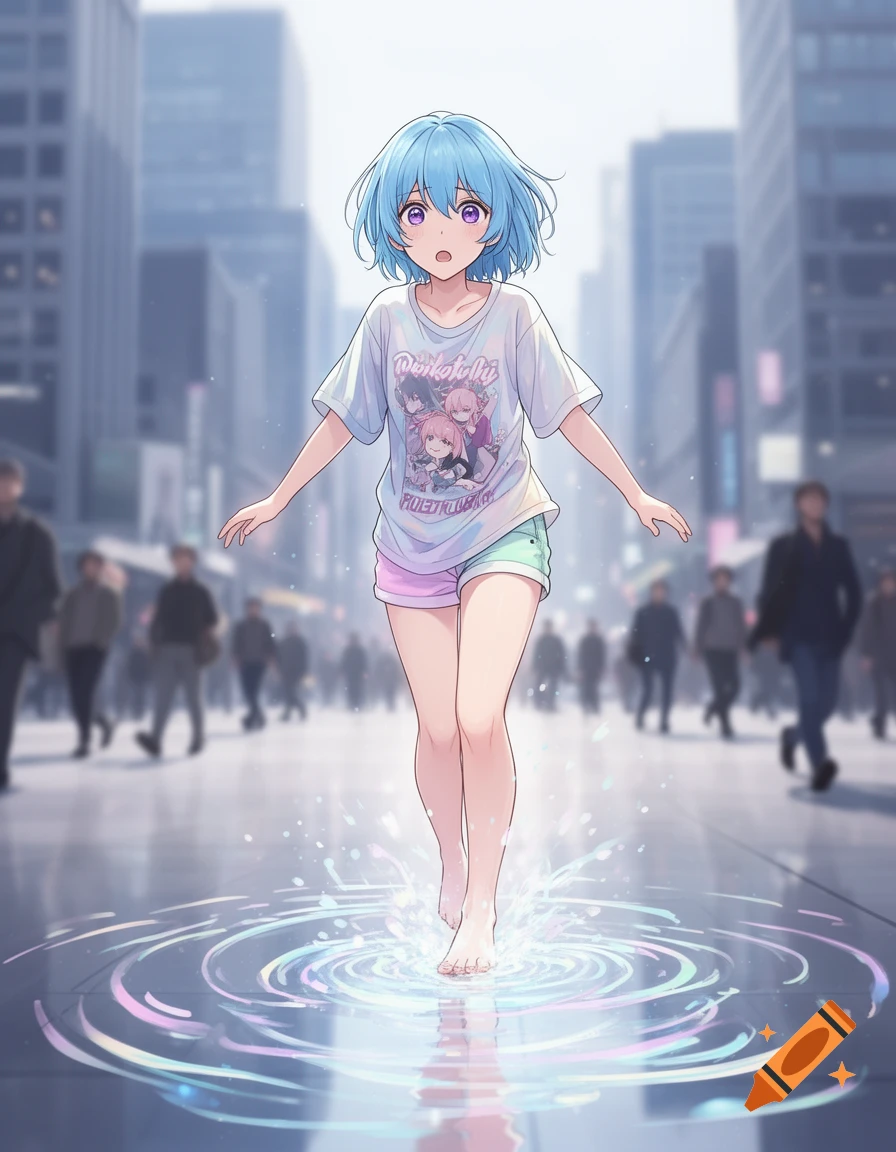 An anime girl with blue hair and a surprised expression stands barefoot in a puddle, splashing water in a city street.