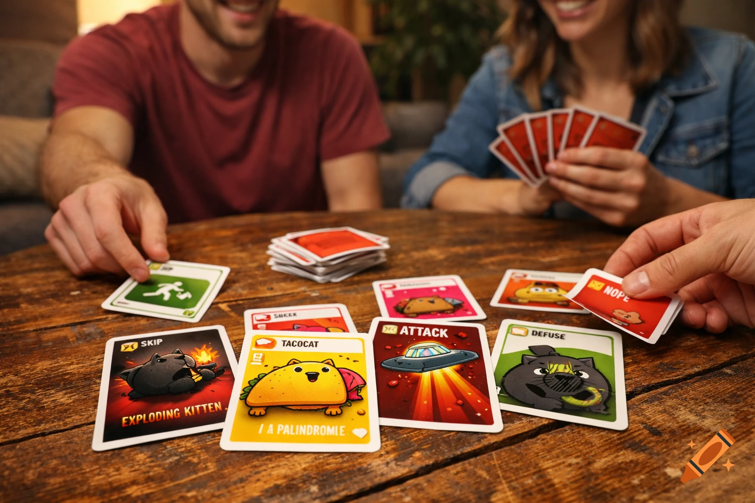 Close-up of people playing the Exploding Kittens card game on a wooden table, with various colorful cards spread out.