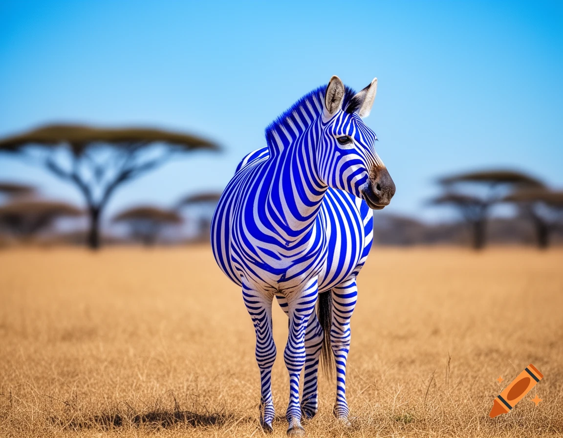 A blue and white striped zebra stands in a dry savanna with acacia ...