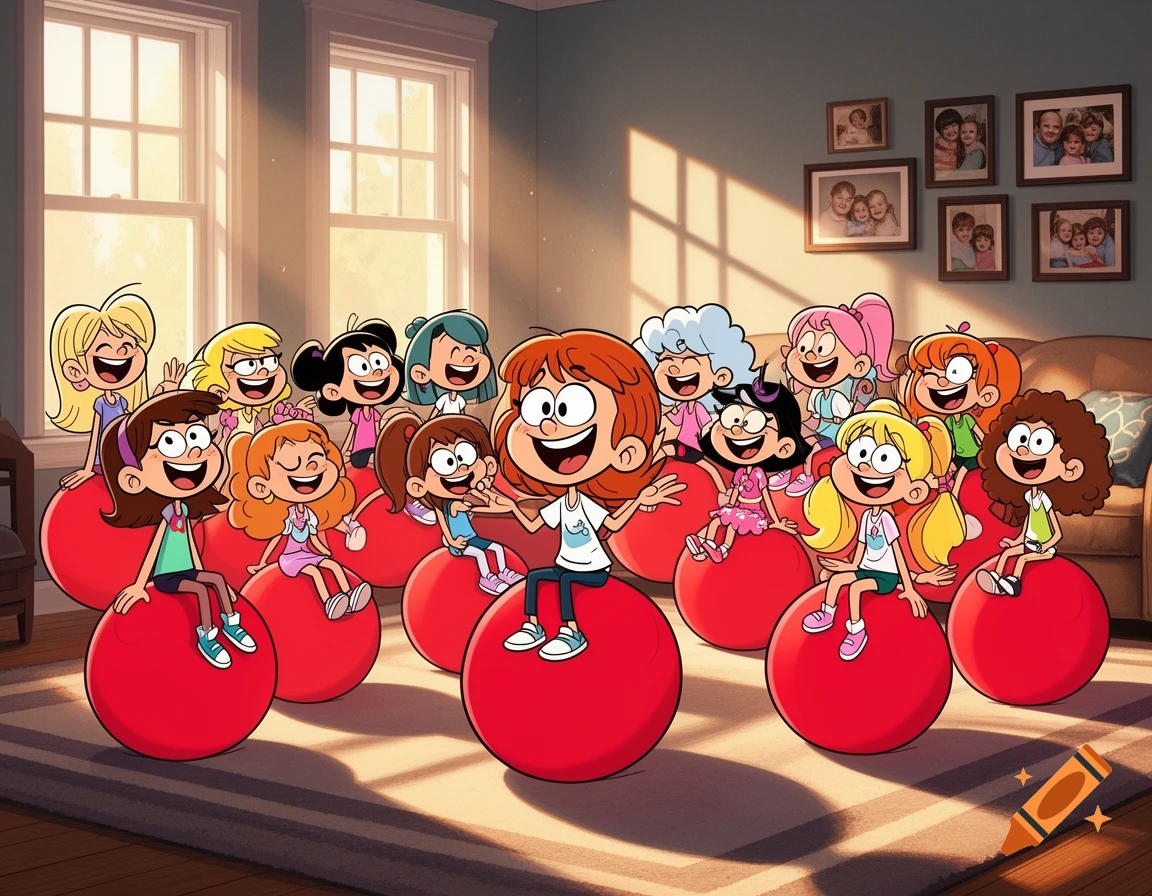 Eleven cartoon girls from The Loud House are laughing while sitting and bouncing on red yoga balls in a living room.