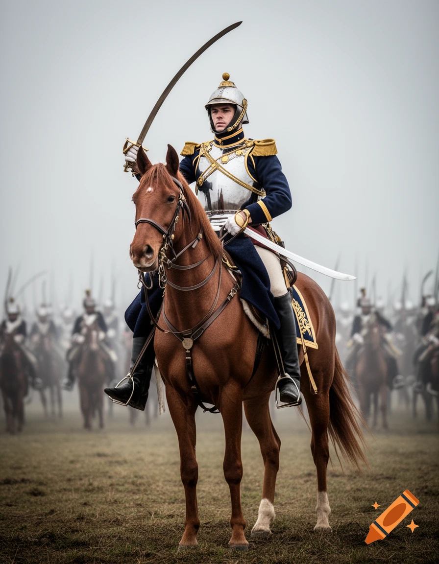 A historical cuirassier in full armor and uniform rides a brown horse, holding a sabre aloft on a battlefield with other cavalry.