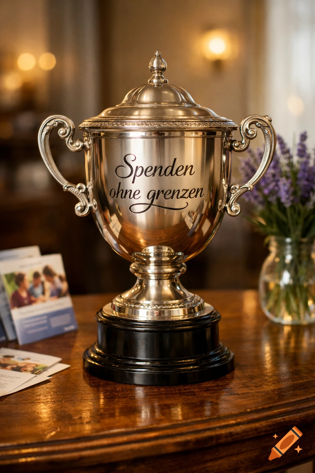 A silver trophy engraved with 'Spenden ohne grenzen' on a wooden table, with blurred lights and purple flowers in the background.