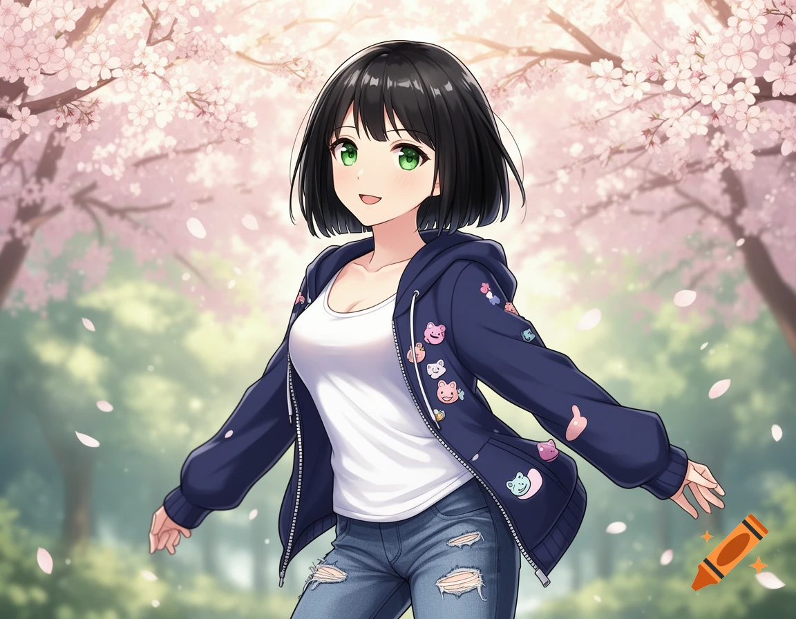 An anime girl with black bob hair and green eyes, wearing a dark blue hoodie and ripped jeans, smiling in a park with cherry blossoms.
