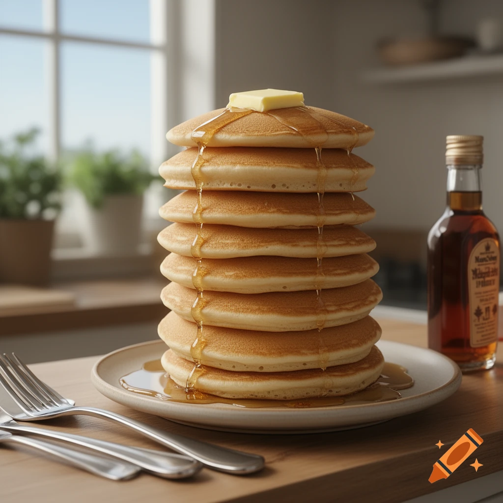 A tall stack of golden pancakes with a pat of butter melting on top, dripping syrup down the sides, next to a bottle of maple syrup and silverware on a wooden counter with a window in the background, photorealistic style.