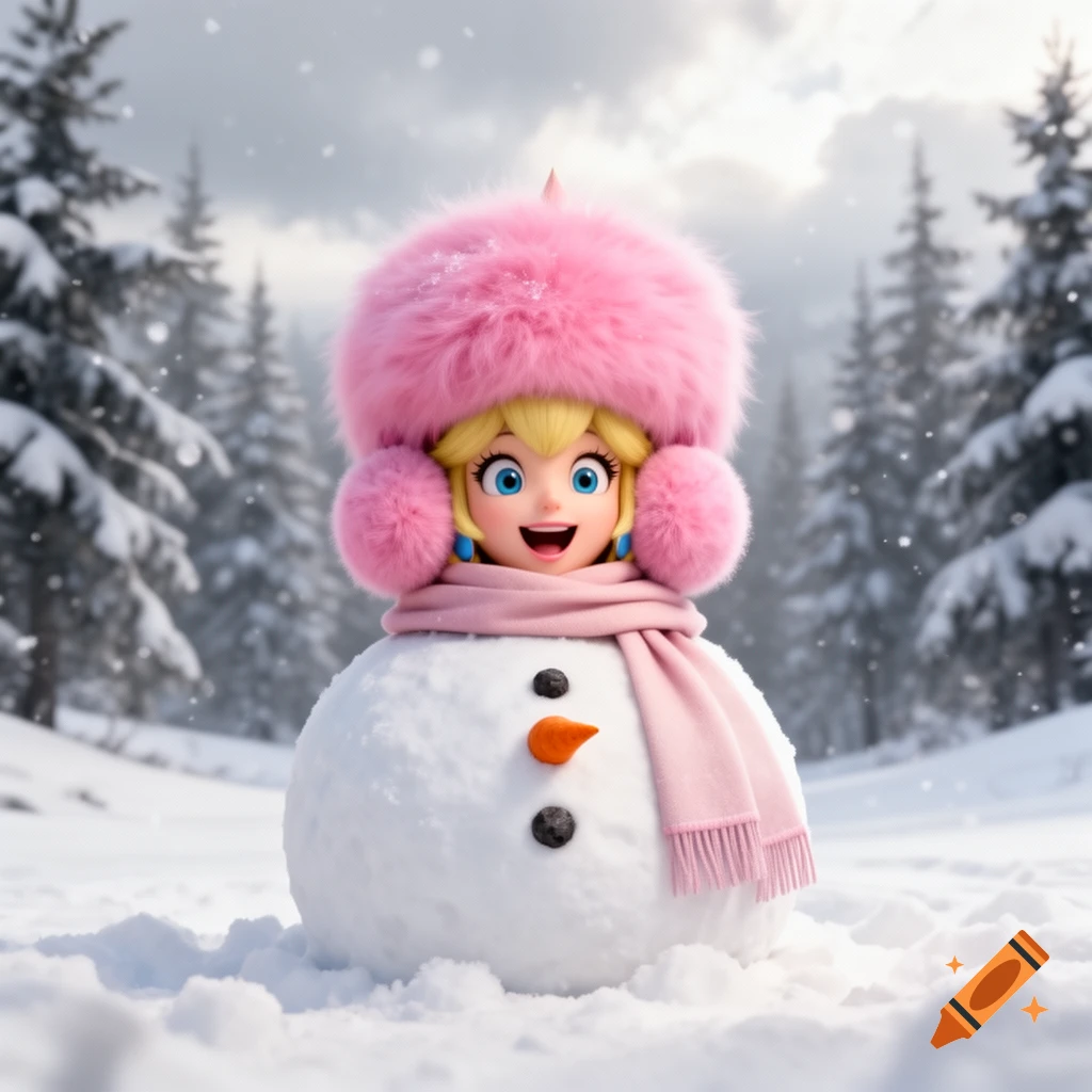 Princess Peach's head, wearing a pink fluffy winter hat and earmuffs, integrated into a snowman in a snowy forest.