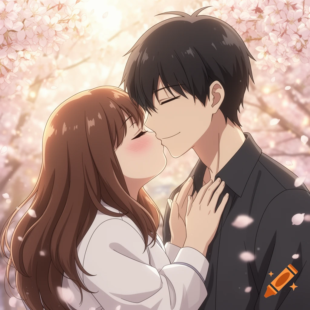 Anime couple shares a kiss amidst blooming pink cherry blossoms.