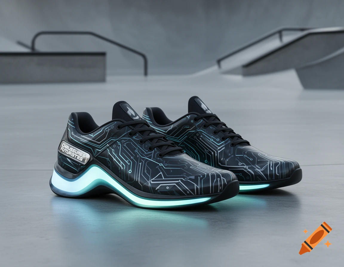 A pair of black futuristic sneakers with glowing blue soles and circuit board patterns, set in a skate park.