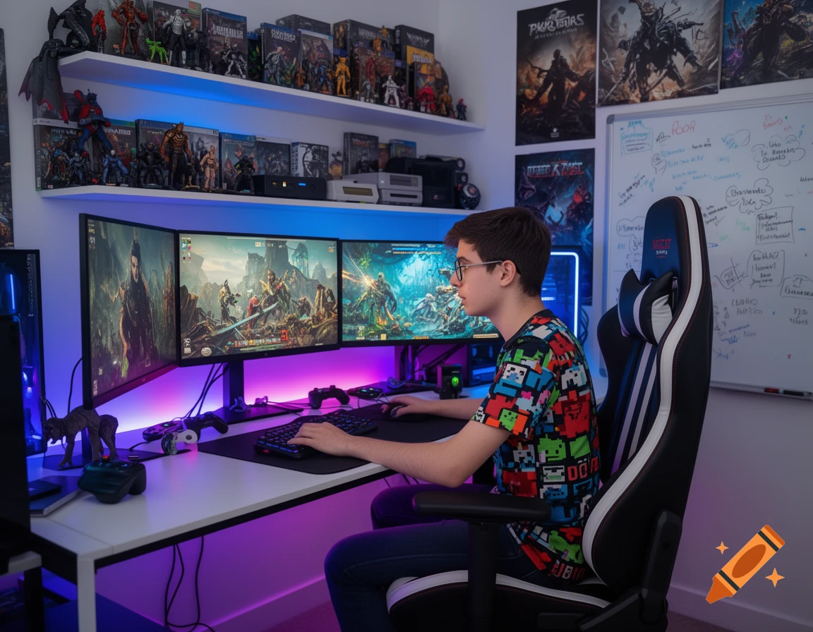 A young man with glasses plays video games on a triple monitor setup in a colorful gaming room with shelves and posters.
