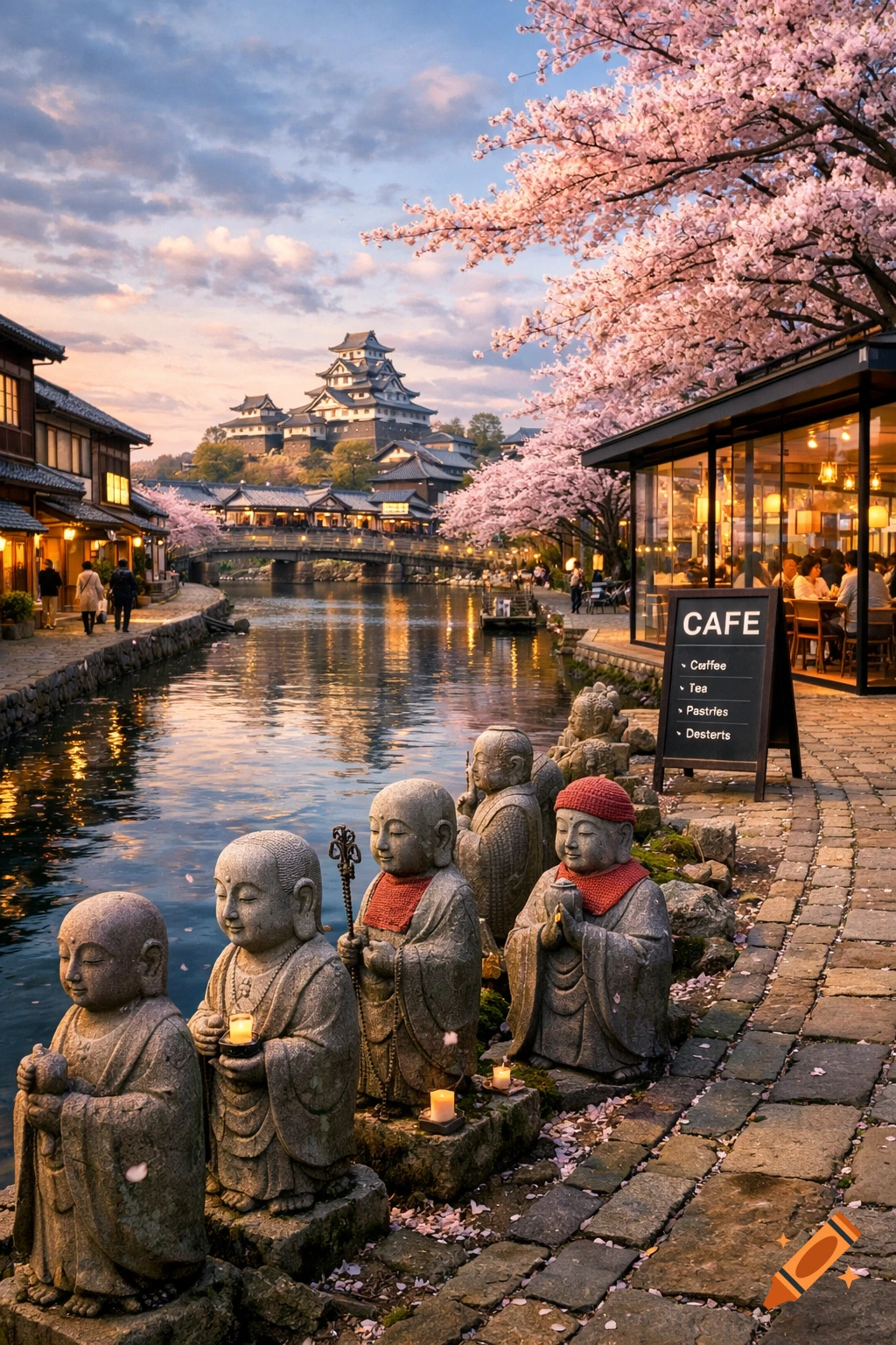Photorealistic image of a Japanese castle town with a river lined with Jizo statues and cherry blossoms, a modern cafe, and a distant castle.