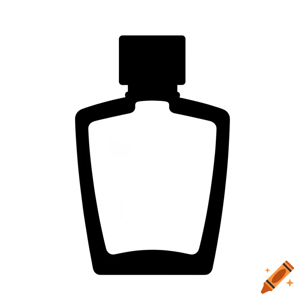 A minimalist black silhouette of a perfume bottle against a white background.