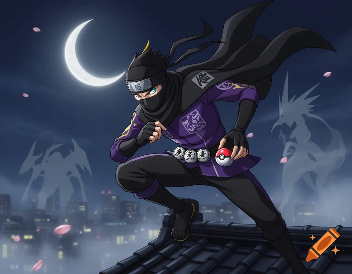 A ninja-style Pokemon trainer in a purple and black suit with a long cape crouches on a tiled rooftop at night, holding a Poké Ball. A large crescent moon and silhouetted buildings are in the background, with ghostly Pokemon figures looming in the mist.