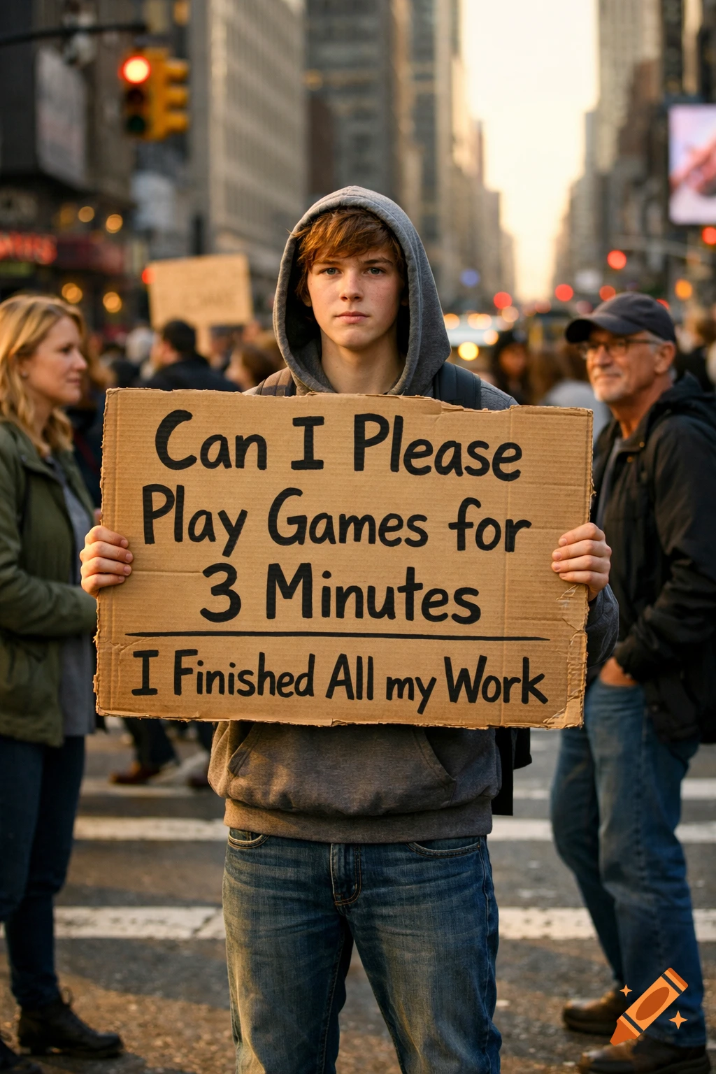 A young man in a grey hoodie holds a cardboard sign that reads 'Can I Please Play Games for 3 Minutes I Finished All my Work' in a busy city street.
