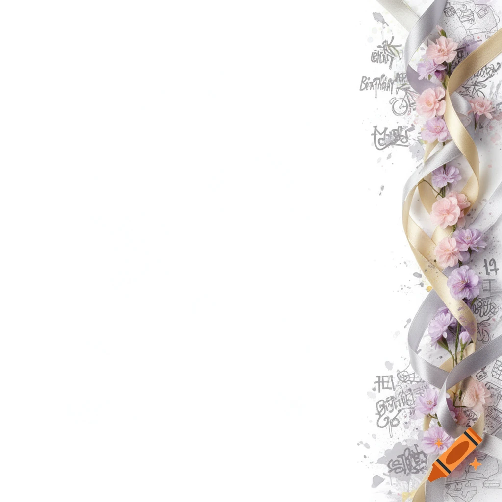 A birthday card background with a white left side and a right border featuring gold and silver ribbons, small pink and purple flowers, and subtle gray street art elements.