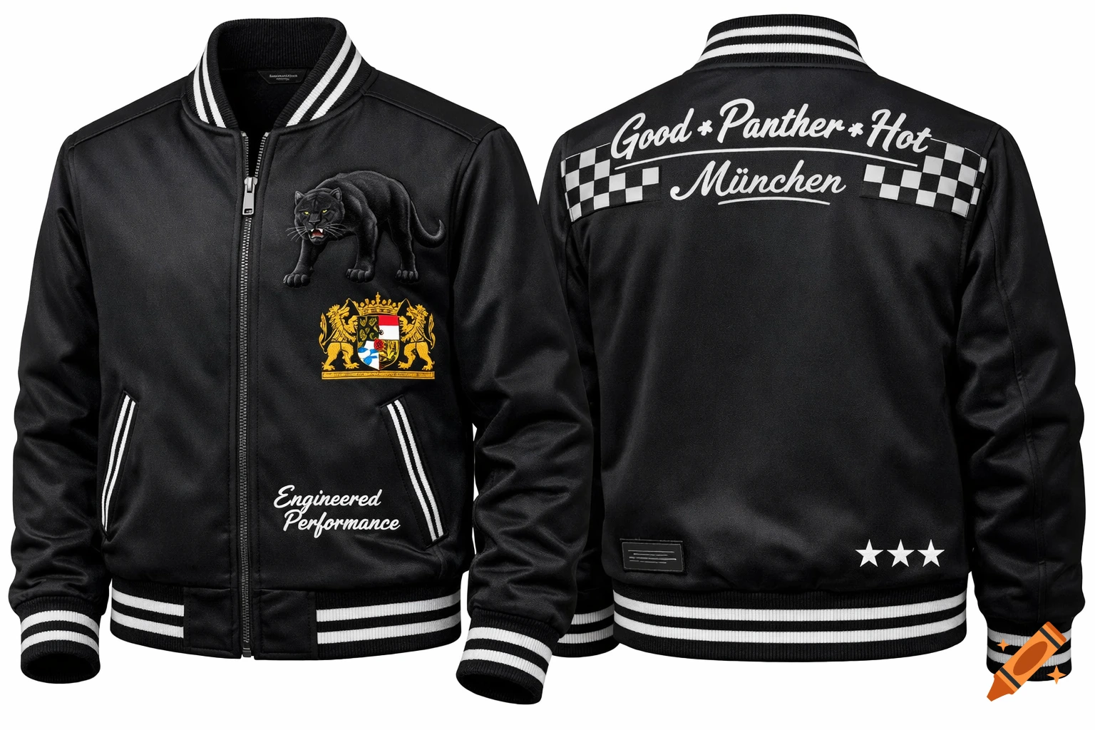 A black varsity jacket with white and black striped cuffs, collar, and hem. The front features a black panther and the Bavarian coat of arms, with "Engineered Performance". The back reads "Good * Panther * Hot" and "München" above a checkered flag pattern and three stars.