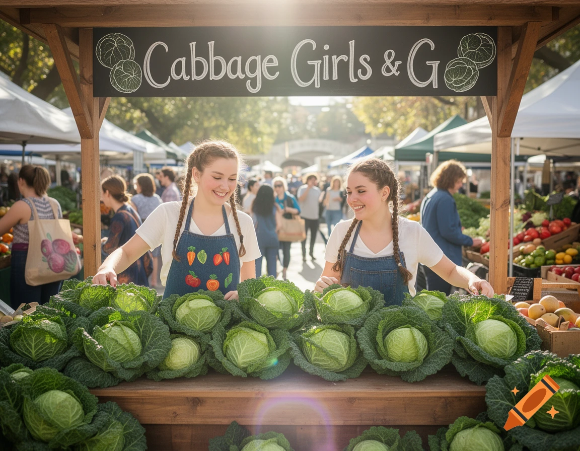 Two smiling young women stand behind a stall filled with green cabbages at a bustling farmers' market. A sign above reads "Cabbage Girls & G".