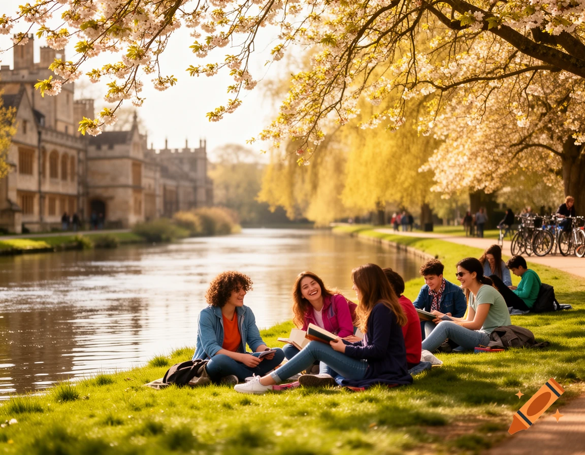 Photorealistic image of students relaxing and reading on a grassy bank by the River Cam during springtime, with blossoms overhead.