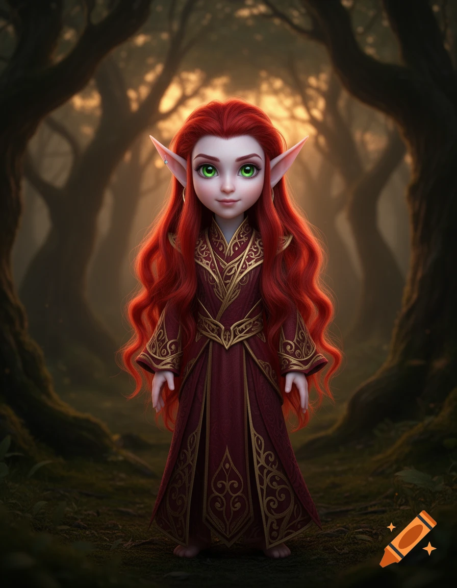 A stylized elf with long red hair and green eyes in an ornate maroon and gold robe stands in a mystical forest.