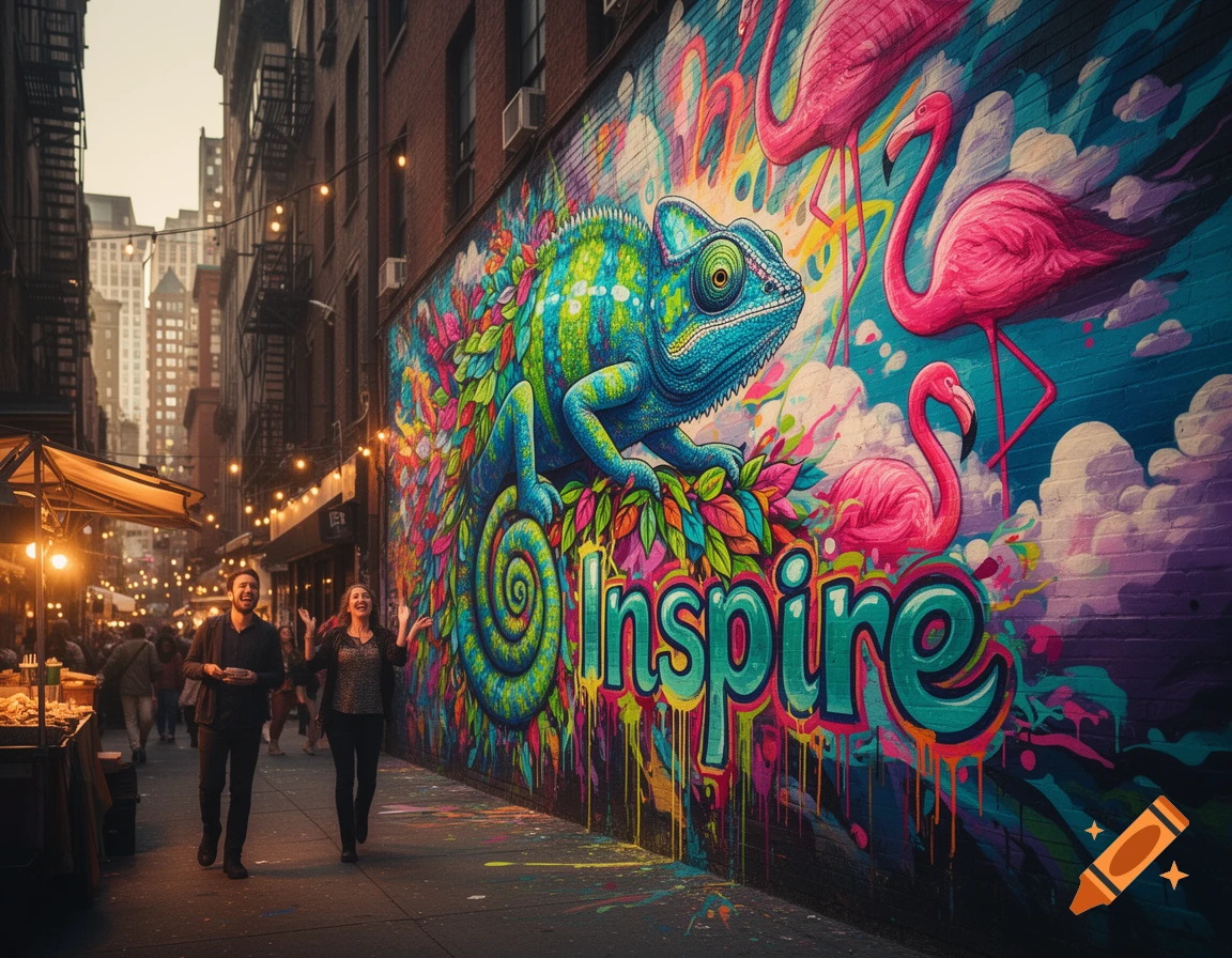 Vibrant street art mural depicting a blue chameleon and pink flamingos with the word 'Inspire' in a city alley, with two people walking past.