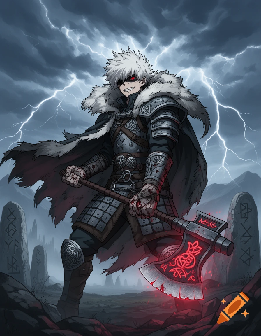Anime character in Viking armor with white hair, red eyes, and a glowing axe under a stormy, lightning-filled sky.