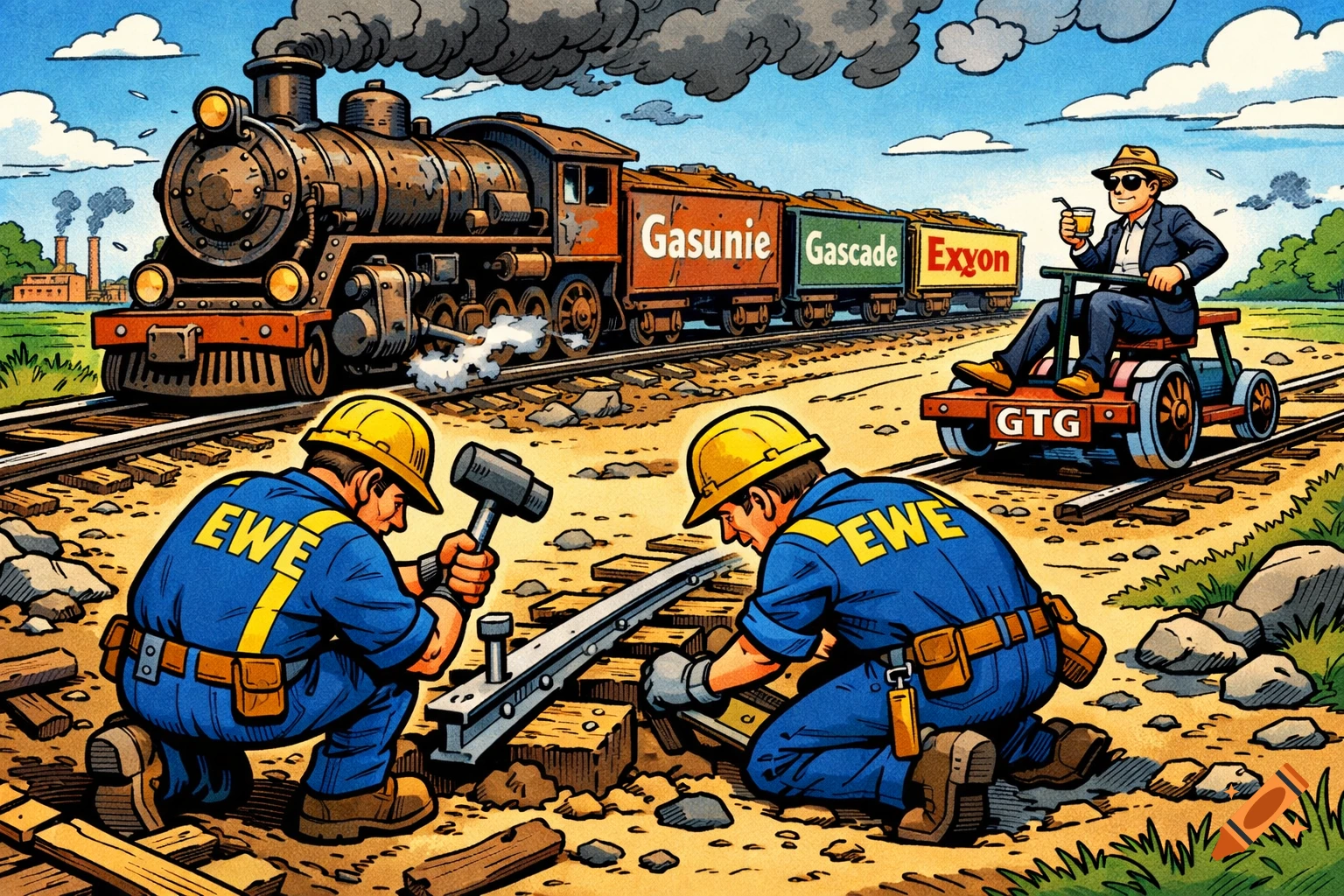 Comic art of workers building a train track as a rusty train with 'Gasunie', 'Gascade', 'Exxon' wagons and a man on a 'GTG' draisine approaches.