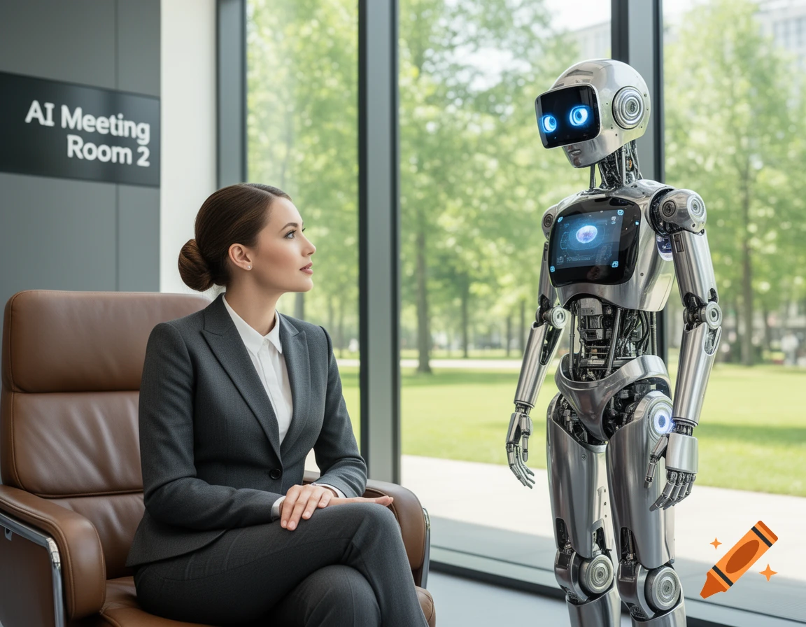 A woman in a business suit sits facing a humanoid robot in a modern office meeting room with large windows.