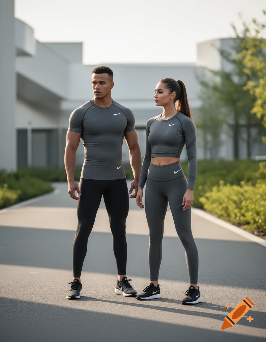 Man in grey Nike top and black leggings, and woman in grey Nike crop top and leggings, posing on a paved path outdoors.