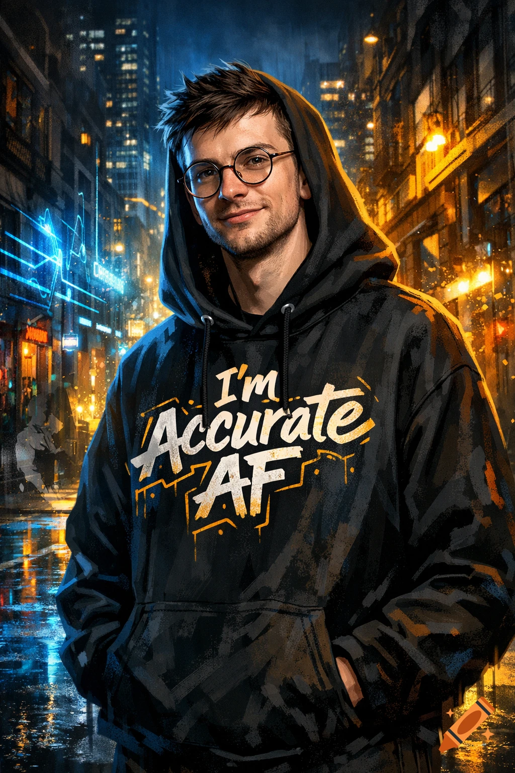 A smiling man with glasses and a beard wears a black hoodie with "I'm Accurate AF" in graffiti style, standing on a rainy city street at night.