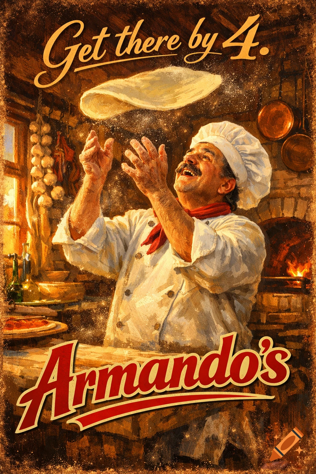 A joyful Italian chef tosses pizza dough in a rustic kitchen, with text 'Get there by 4.' and 'Armando's' in a vintage illustration style.