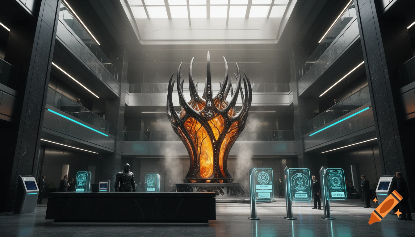 A vast, high-ceilinged dystopian corporate lobby with a large, glowing, spiky black sculpture at its center. People stand near holographic screens in the dimly lit, futuristic space.