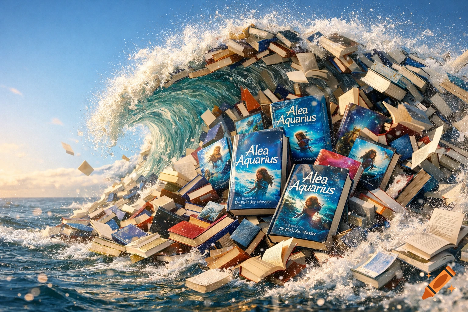 A massive ocean wave crashing, formed entirely from a cascade of books, with several 'Alea Aquarius' book covers visible in the water.
