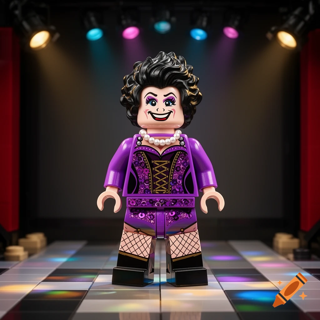A Lego minifigure of Frank n Furter, dressed in a purple corset, fishnet stockings, and pearls, on a spotlighted stage.