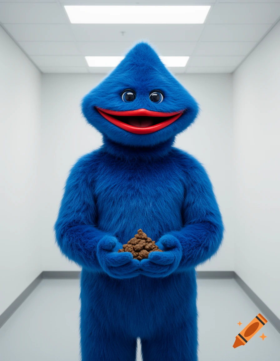 A photorealistic blue fluffy monster, resembling Huggy Wuggy, stands in a white hallway holding a small pile of feces in its cupped hands.