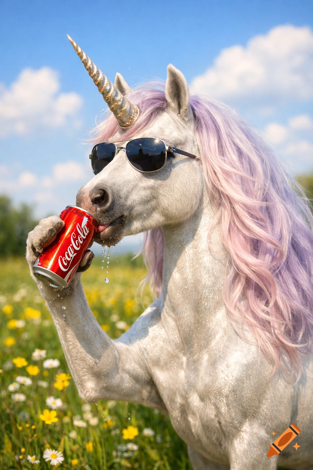 Photorealistic unicorn with purple mane and gold horn, wearing sunglasses, drinking a Coca-Cola in a sunny field.