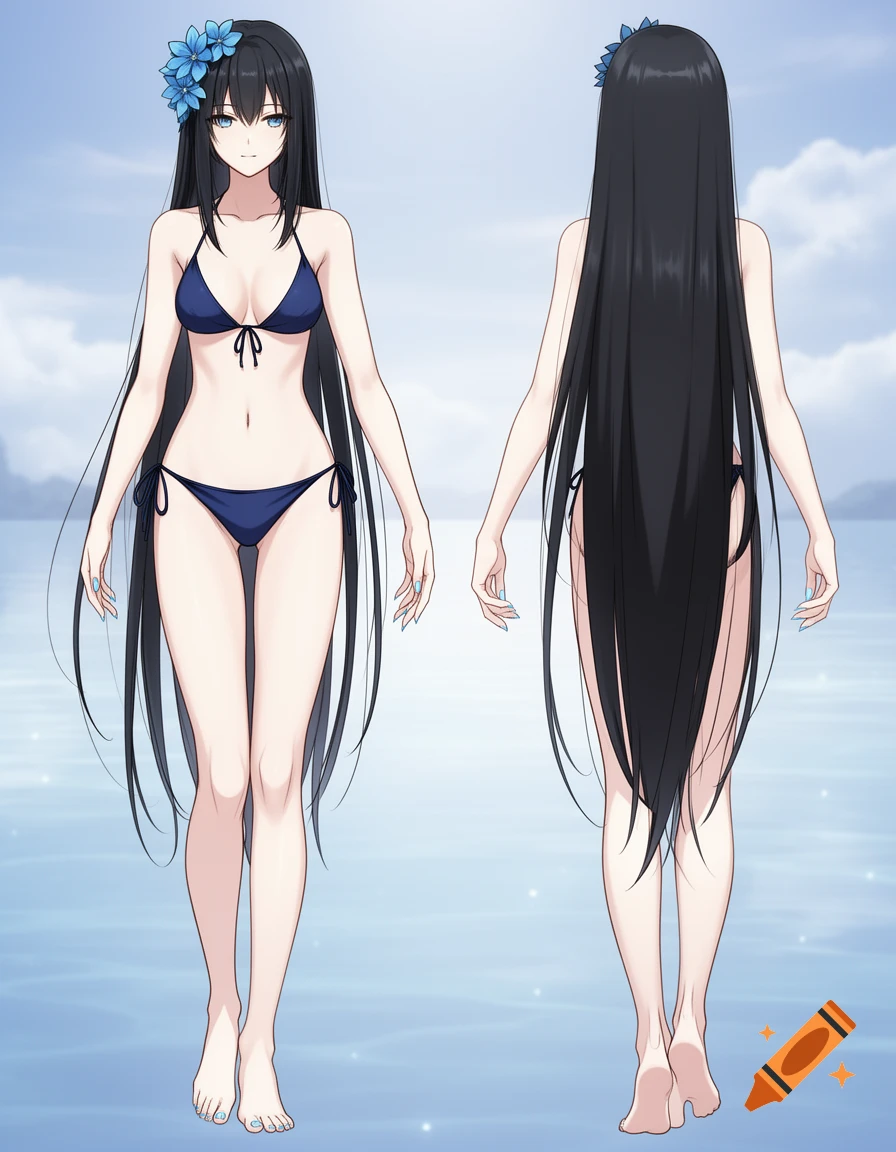 An anime girl with long black hair and a blue flower clip, wearing a dark blue bikini, shown front and back against a sky background.