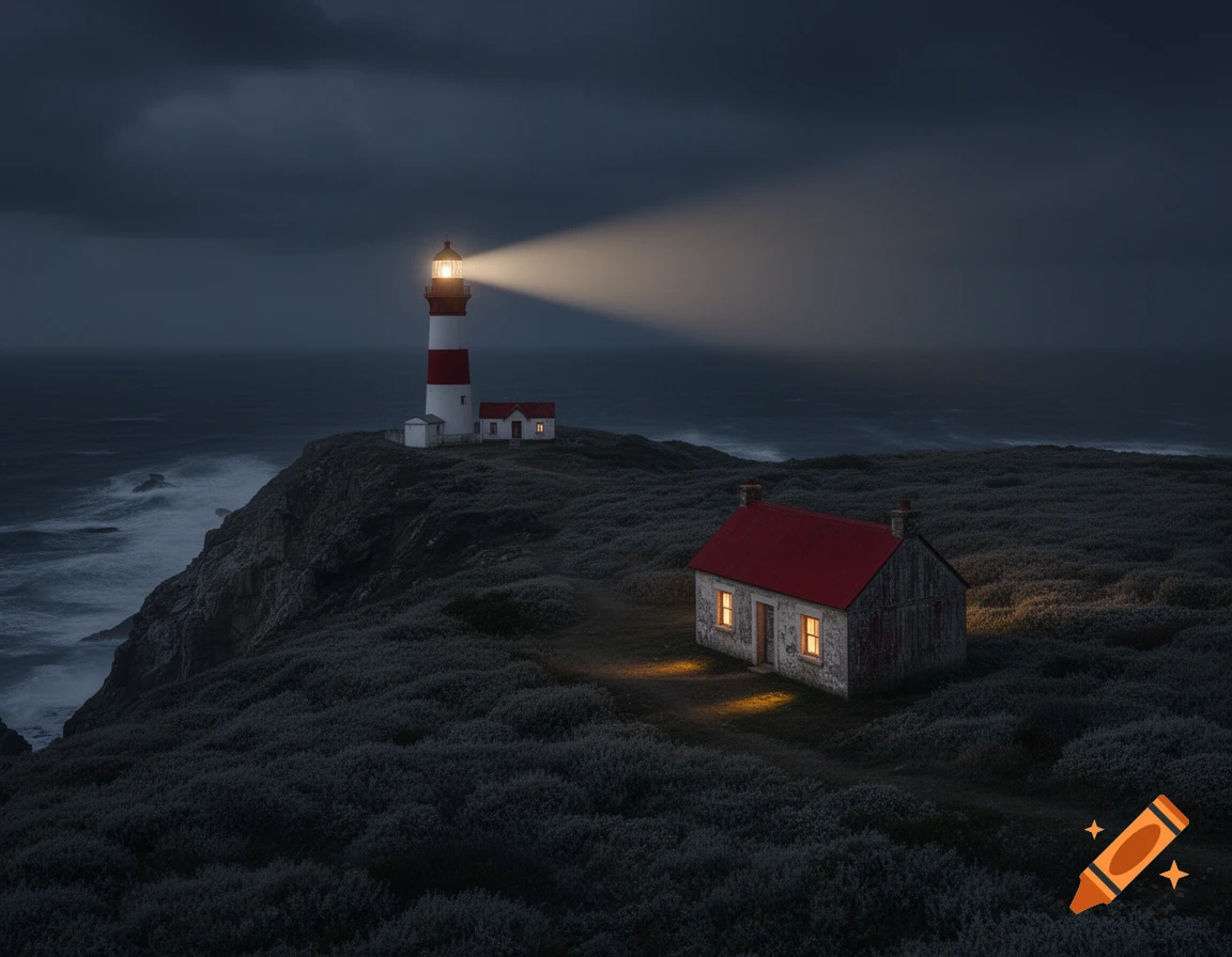 A red and white lighthouse stands on a dark, rocky cliff, casting a bright beam of light over a stormy sea and a small, red-roofed house with glowing windows at night.