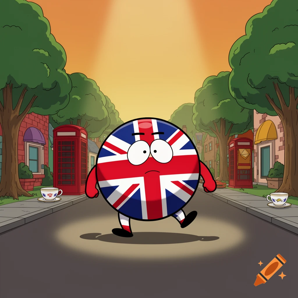 A cartoon United Kingdom 'Countryball' character with a worried expression walks down a street lined with red phone booths and buildings.