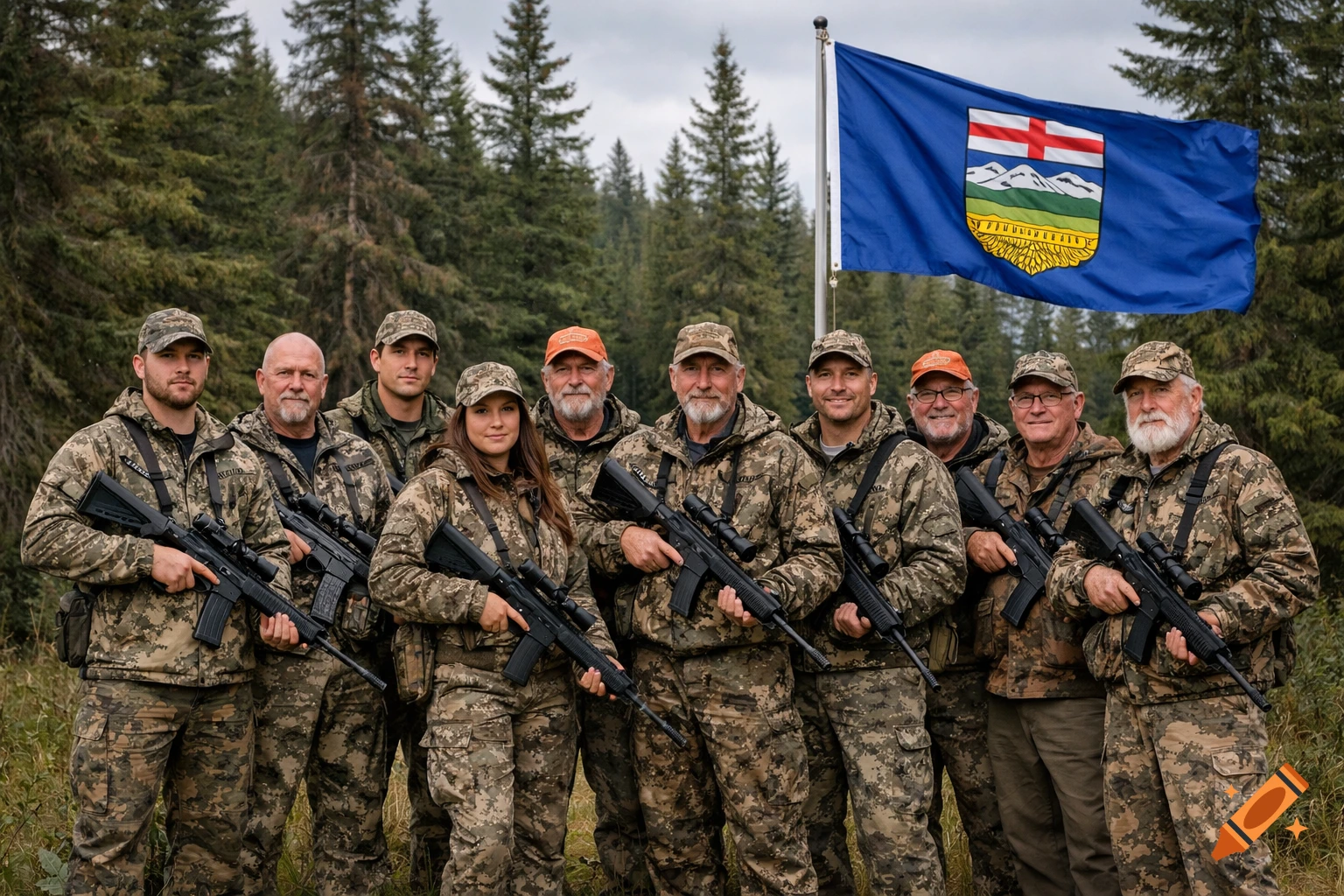 A group of men and one woman in camouflage holding rifles, standing in a forest with an Alberta provincial flag.