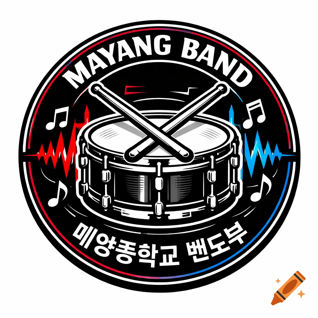 Circular black logo featuring a snare drum, crossed drumsticks, musical notes, and sound waves. Text 'MAYANG BAND' and Korean text.
