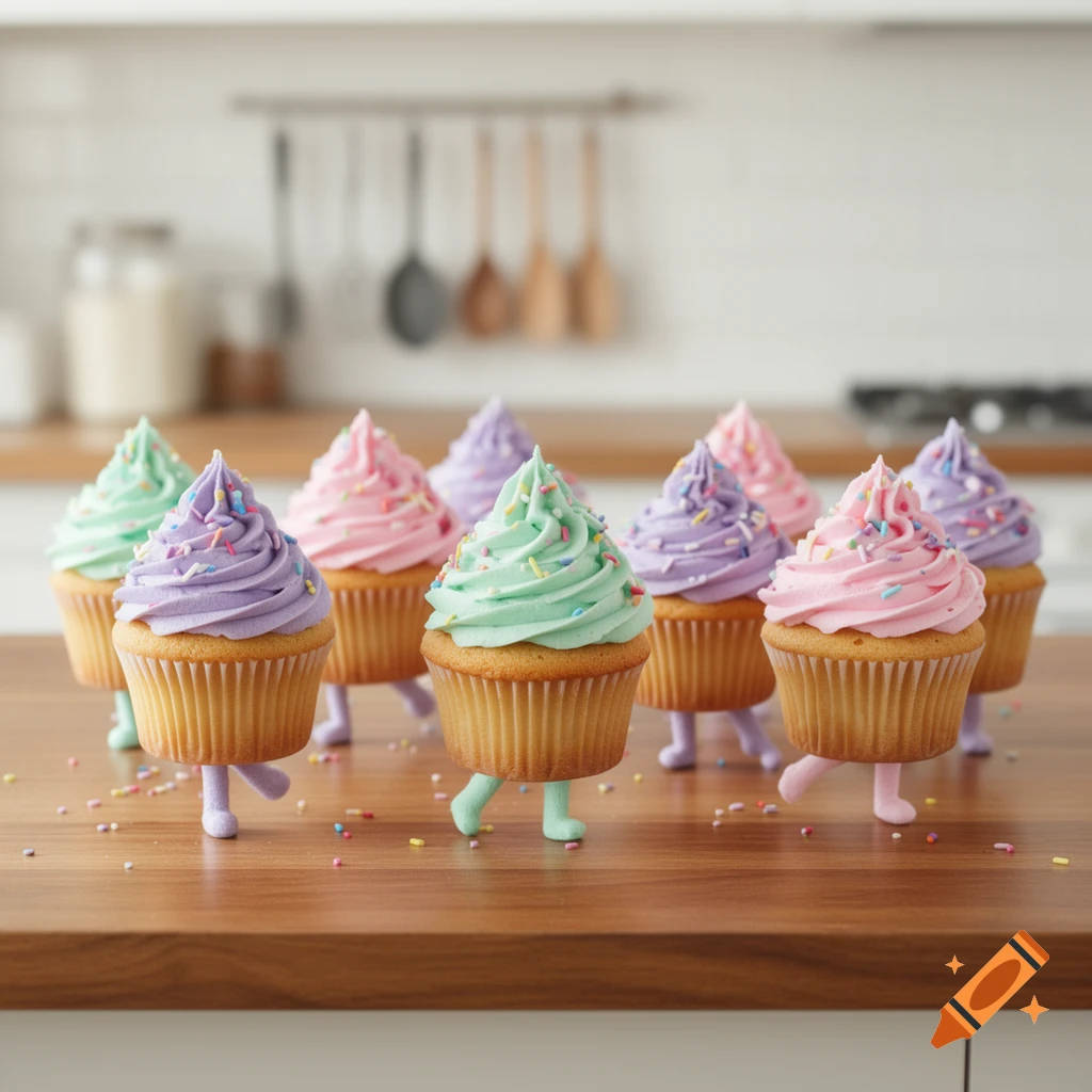Photorealistic image of colorful cupcakes with tiny legs walking across a wooden kitchen counter.