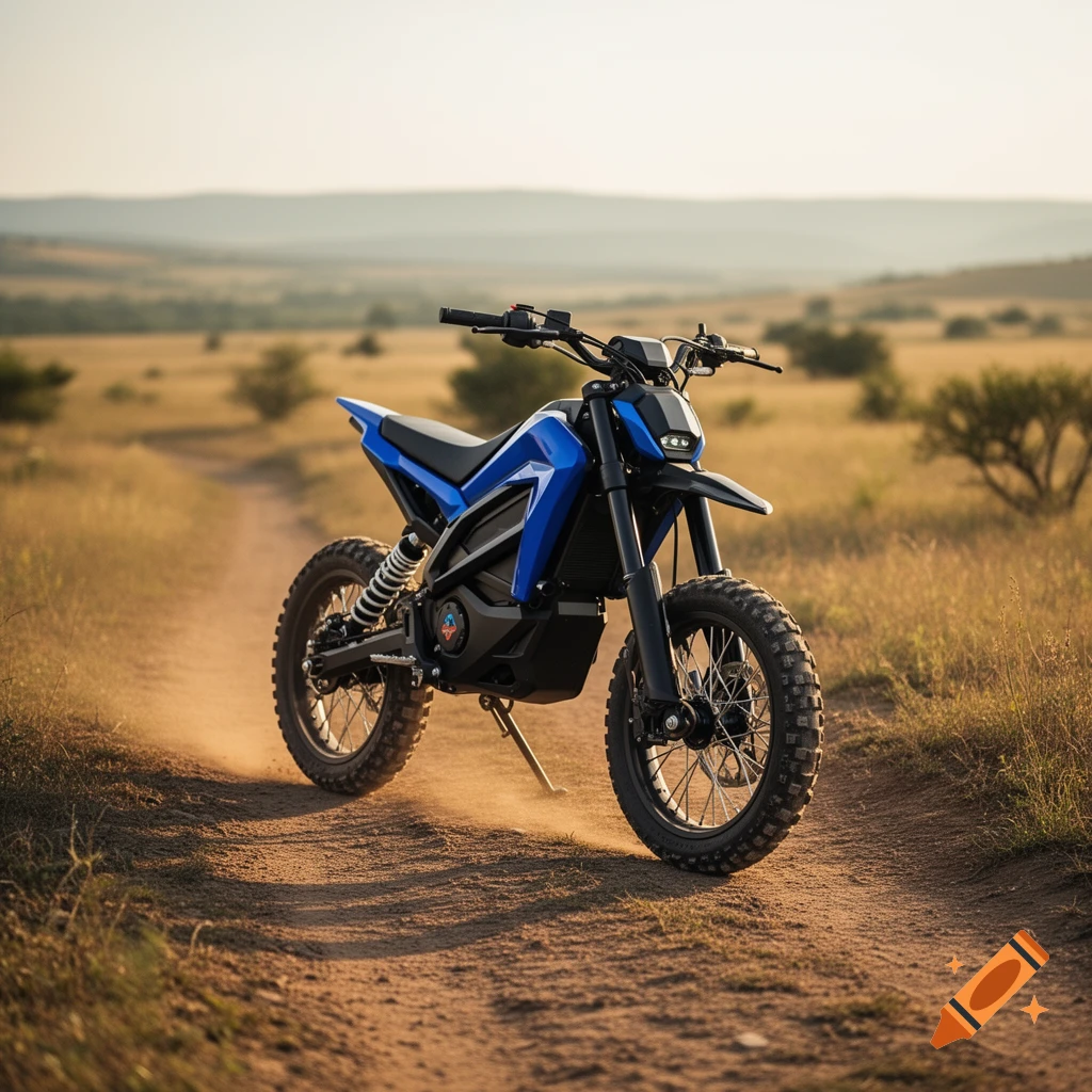 A blue electric dirt bike stands on a dusty path in a golden field with distant hills under a clear sky.