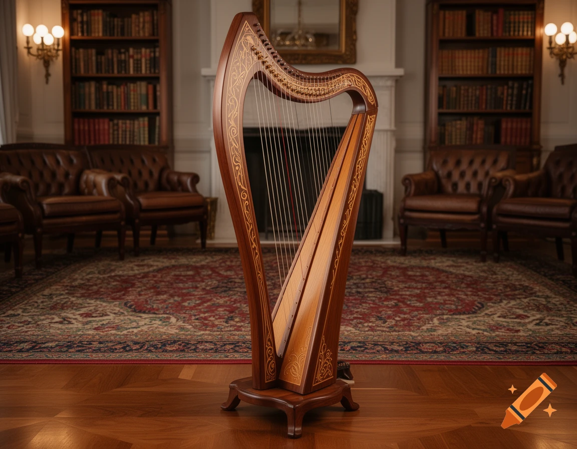 A decorative wooden harp stands on a patterned rug in an elegant room with leather armchairs, bookshelves, and a fireplace.
