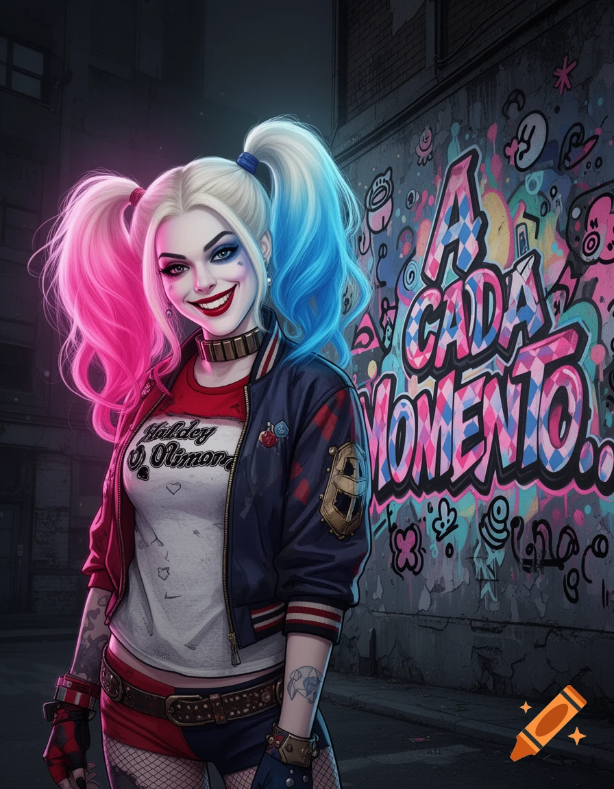 A stylized illustration of Harley Quinn with pink and blue pigtails, wearing a bomber jacket and t-shirt, stands in front of a graffiti-covered wall.