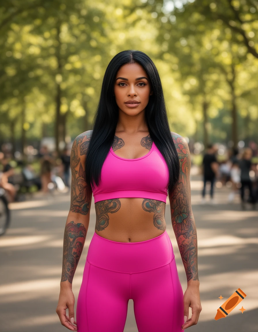 Dark-haired woman with elaborate tattoos wearing a pink sports bra and matching leggings, standing in a sun-dappled park.