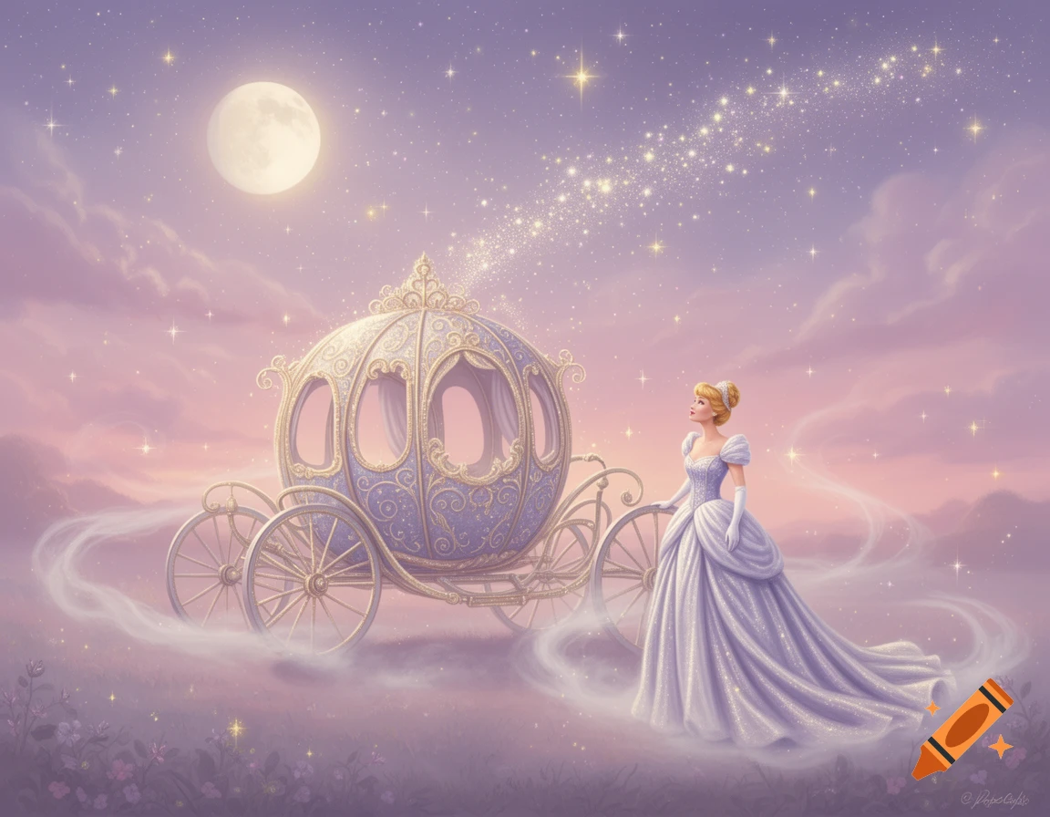 Cinderella in a sparkling gown stands beside her ornate carriage under a full moon and starry pastel sky, a magical illustration.