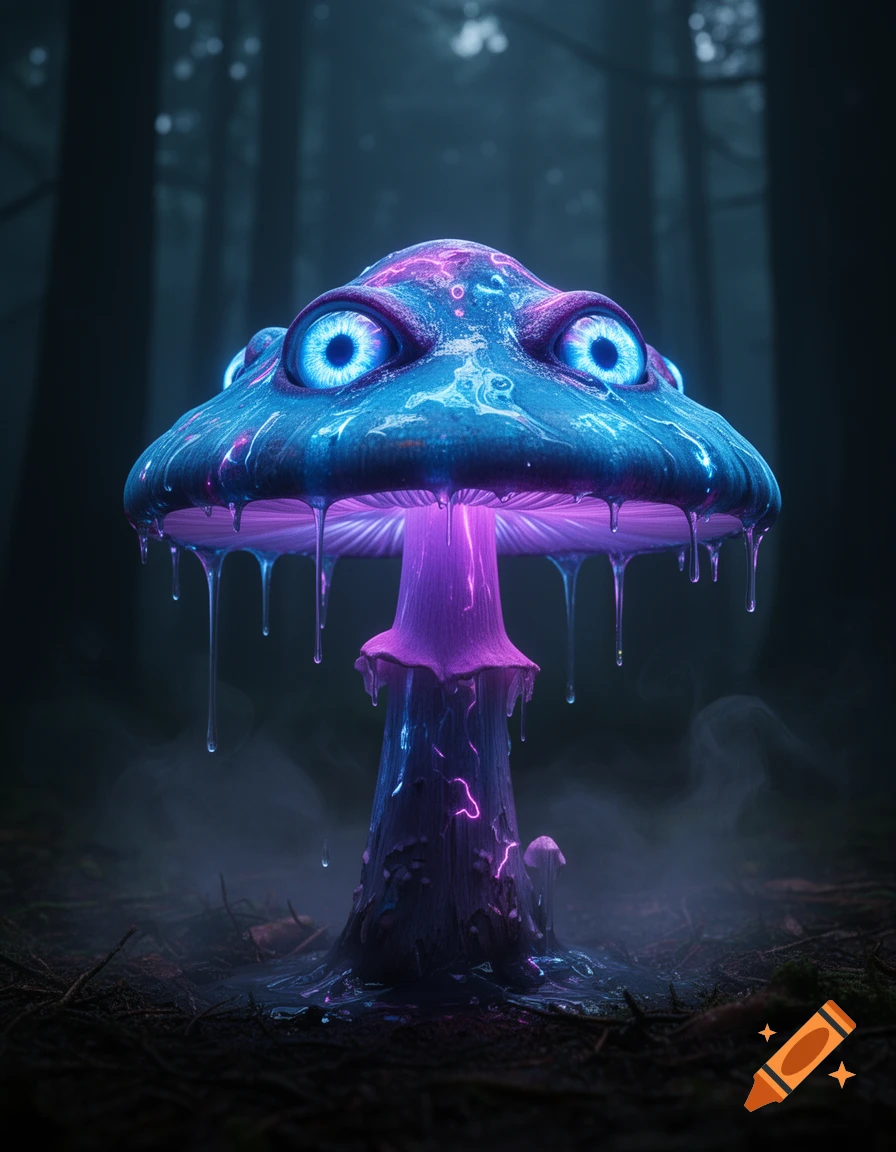 A glowing, neon blue and purple mushroom with large alien eyes drips luminous liquid in a dark, mysterious forest. Surreal fantasy art.