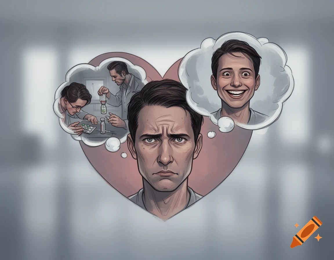 Illustration of a man with a worried expression, framed by a heart, thinking about drug administration and a happy version of himself.