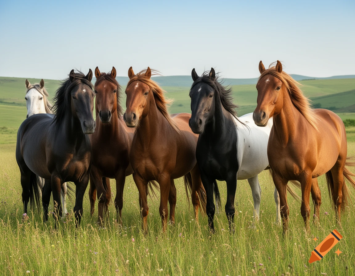 A group of horses of various colors standing in a green grassy field under a clear blue sky, photorealistic.