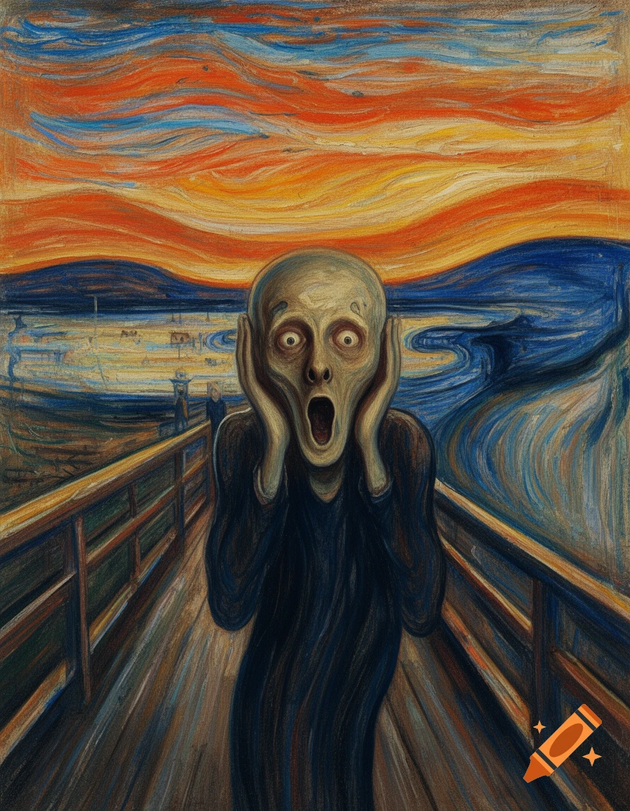 An iconic painting depicting a figure on a bridge, holding its head and screaming under a swirling orange and blue sky.